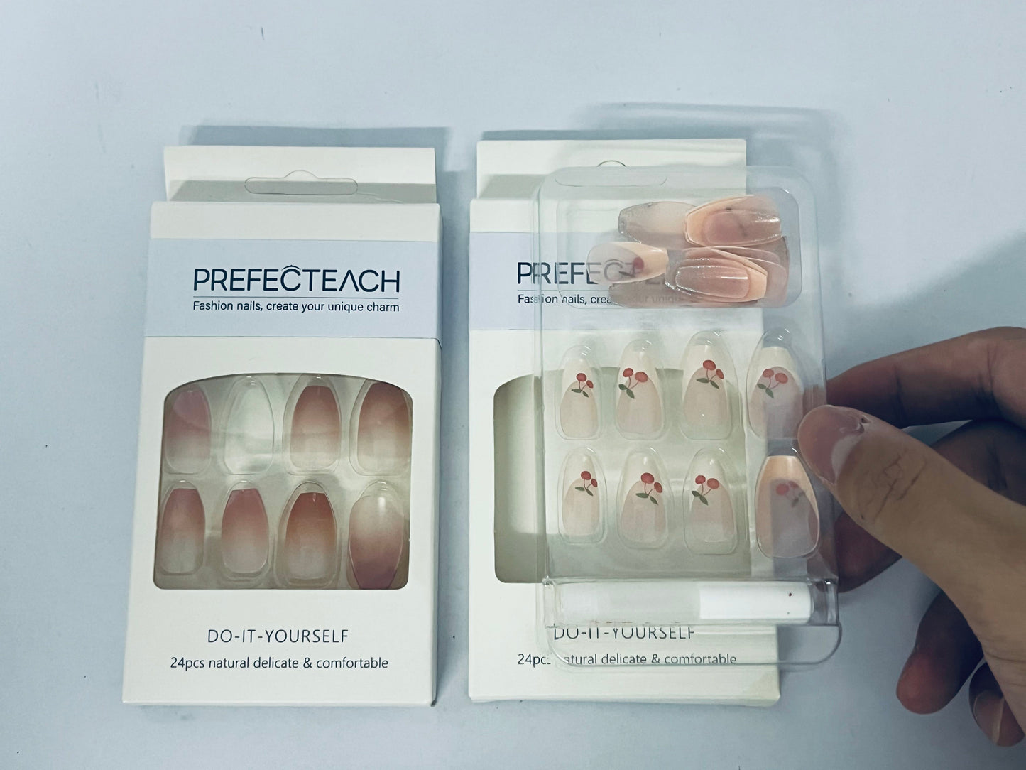PREFECTEACH 24Pcs Cherry Press on Nails Short Almond Fake Nails Red French Tip Glossy Glue on Nails Cute Nude Full Cover Petite False Nails Red Summer Artificial Acrylic Nails Manicure for Women 24Pcs