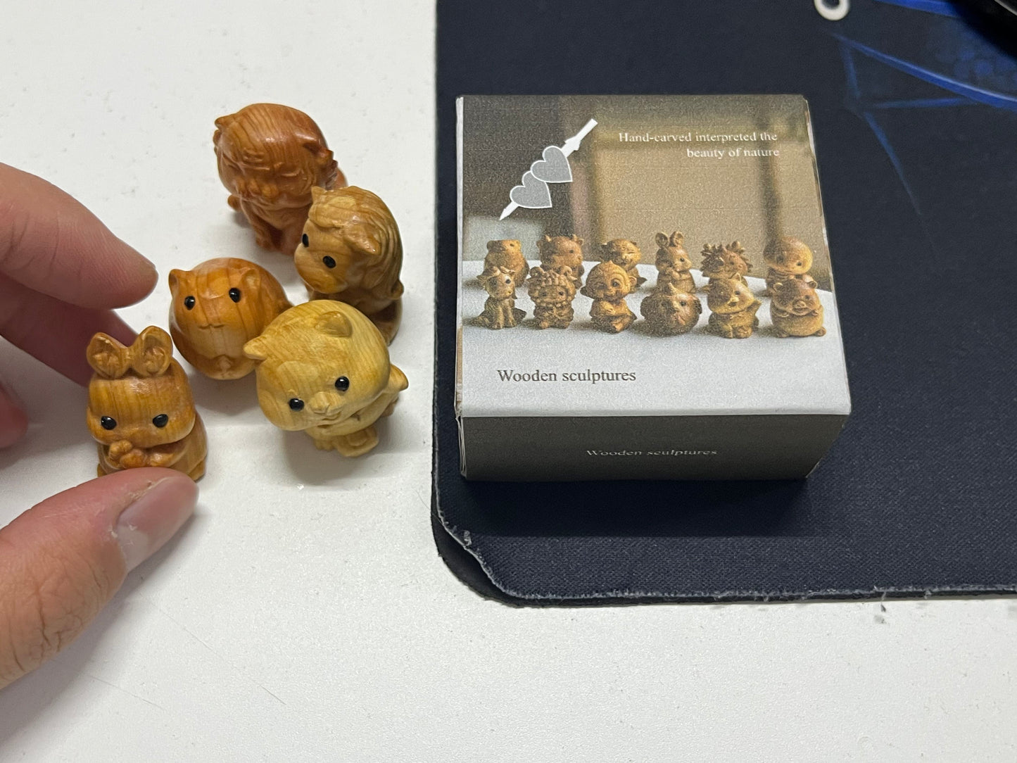 Hand-Carved Natural Boxwood Cute Animal Mini Wooden Sculpture Set