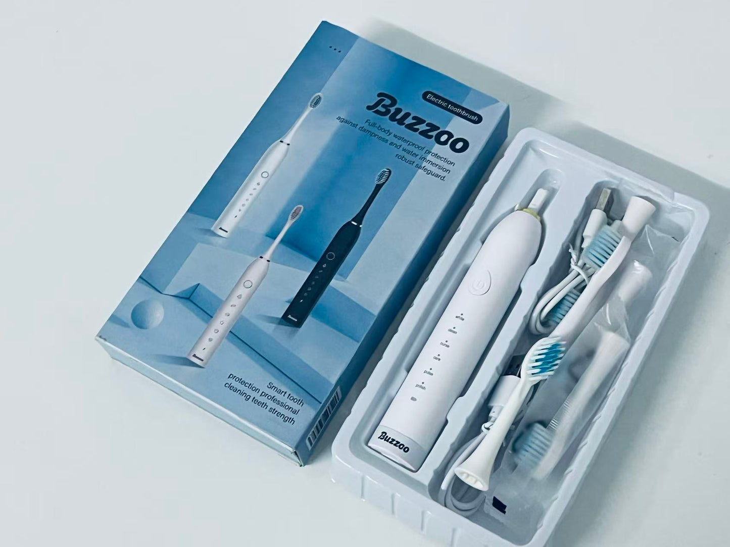 Buzzoo Full-Body Waterproof Sonic Electric Toothbrush - Multi-Mode Teeth Cleaning Set (with Replacement Heads)