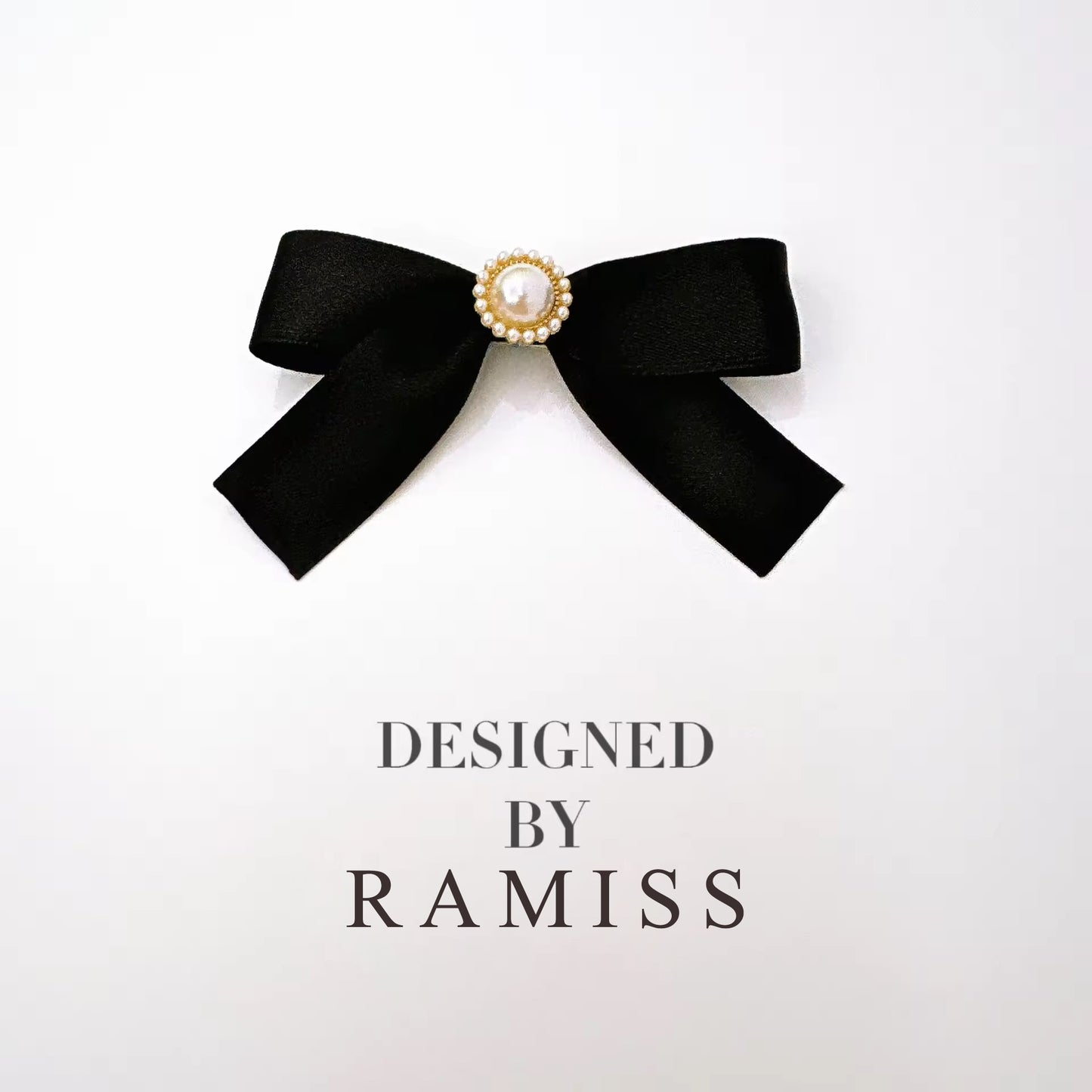 RAMISS Hair bows,Black bow hairband with pearls, elegant design, classic ponytail accessory