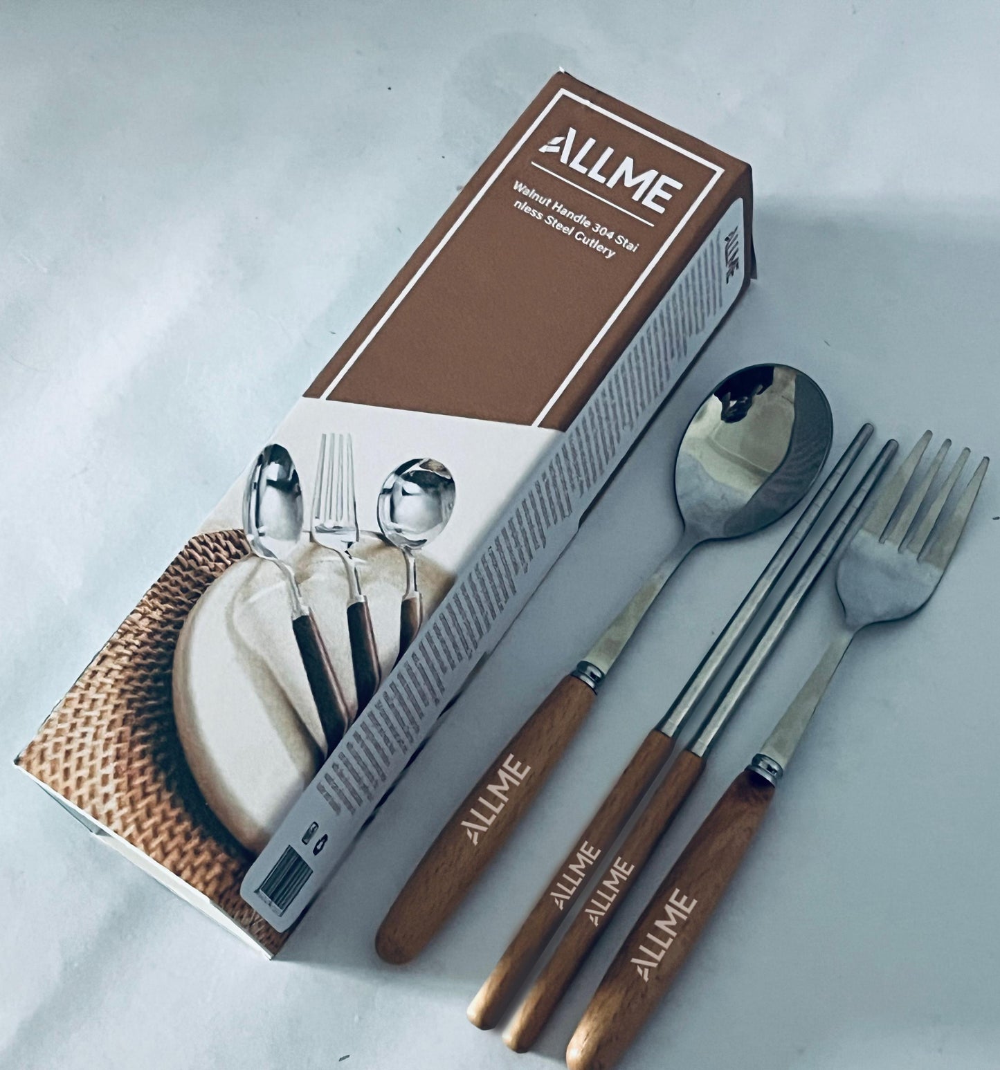 ALLME Walnut Handle 304 Stainless Steel Cutlery Set, Spoon Fork Chopsticks 3-Piece Set, Retro Style Tableware for Home/Outdoor Portable Use, Ideal Gift Choice