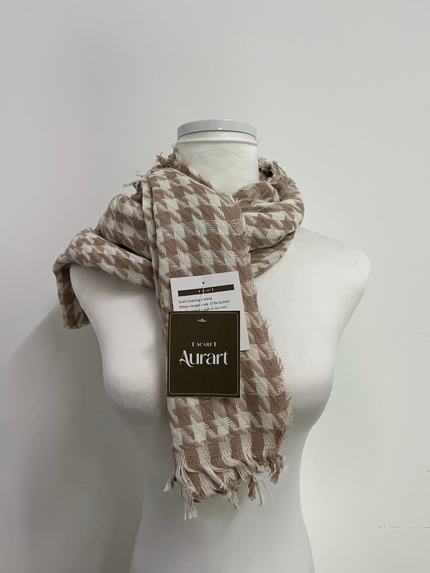Aurart Brown and White Houndstooth Scarf: An Elegant Fusion of Classic Plaid and Textured Dressing