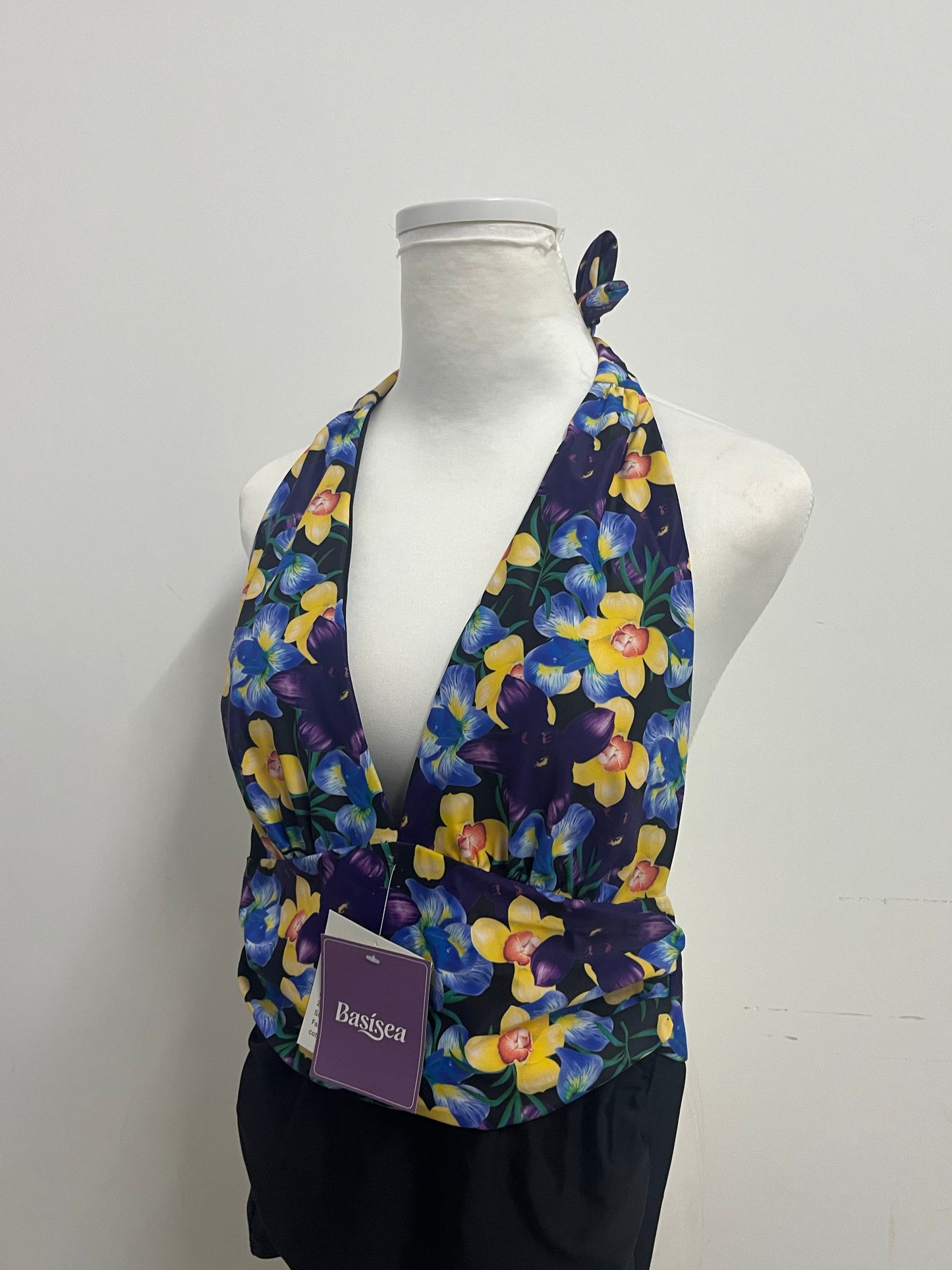 Basisea Retro Floral Halter Two-Piece Swimsuit for Women, Adjustable Neck Tie Deep V Ruched Waist Bathing Suit with High Elastic Quick-Dry Fabric, Vintage Yellow Blue Flower Print Beach Pool Swimwear