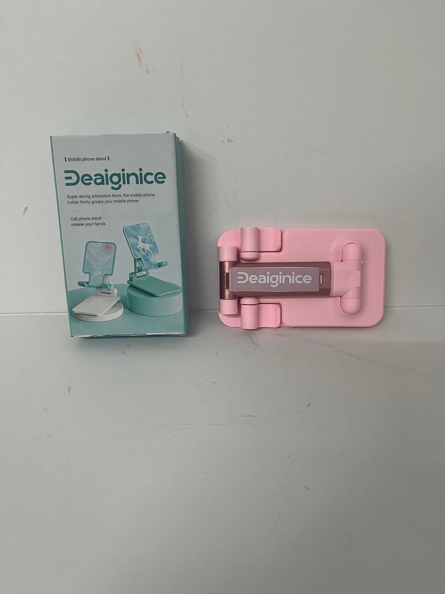 Deaiginice Cell Phone Stand, Angle Height Adjustable Cell Phone Holder for Desk, Fully Foldable with Silicone Pad, Compatible with iPhone and All Mobile Phones Tablet, Sturdy Weighted Base (Pink)