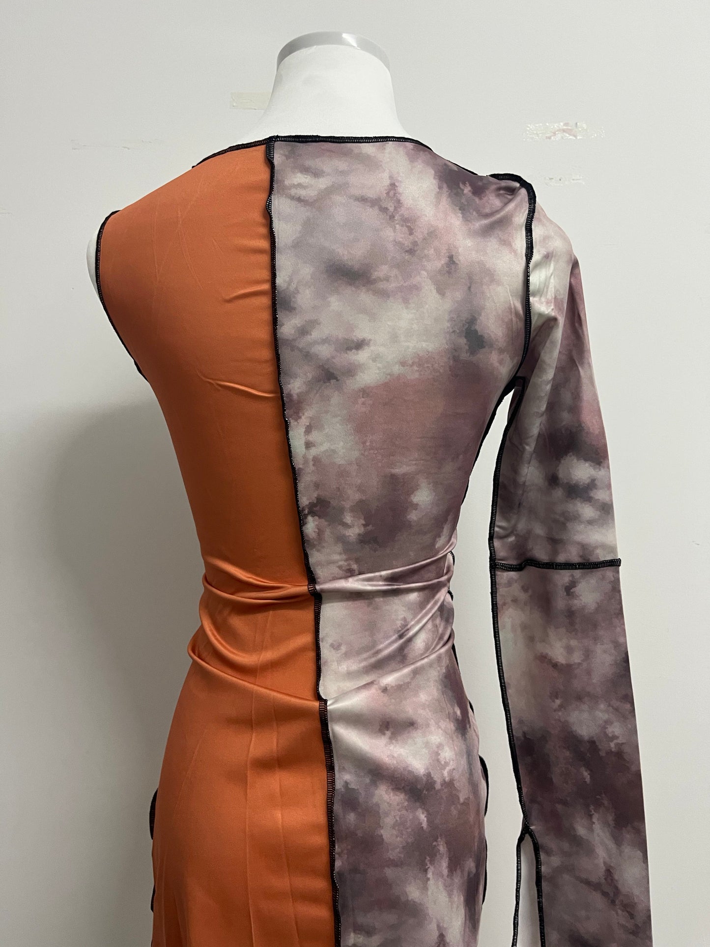 Destime Women's Tie Dye Long Sleeve Bodycon Dress One Shoulder Crew Neck Tight Pencil Dress