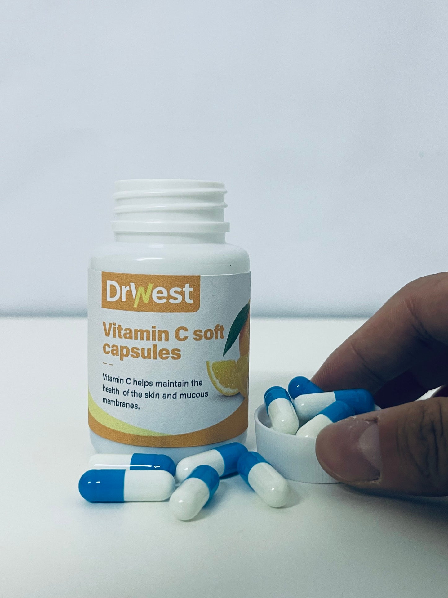 DrWest Vitamin C Soft Capsules - Daily Nutritional Supplement for Skin & Mucous Membrane Health, Easy-to-Swallow Capsules in Compact Portable Bottle