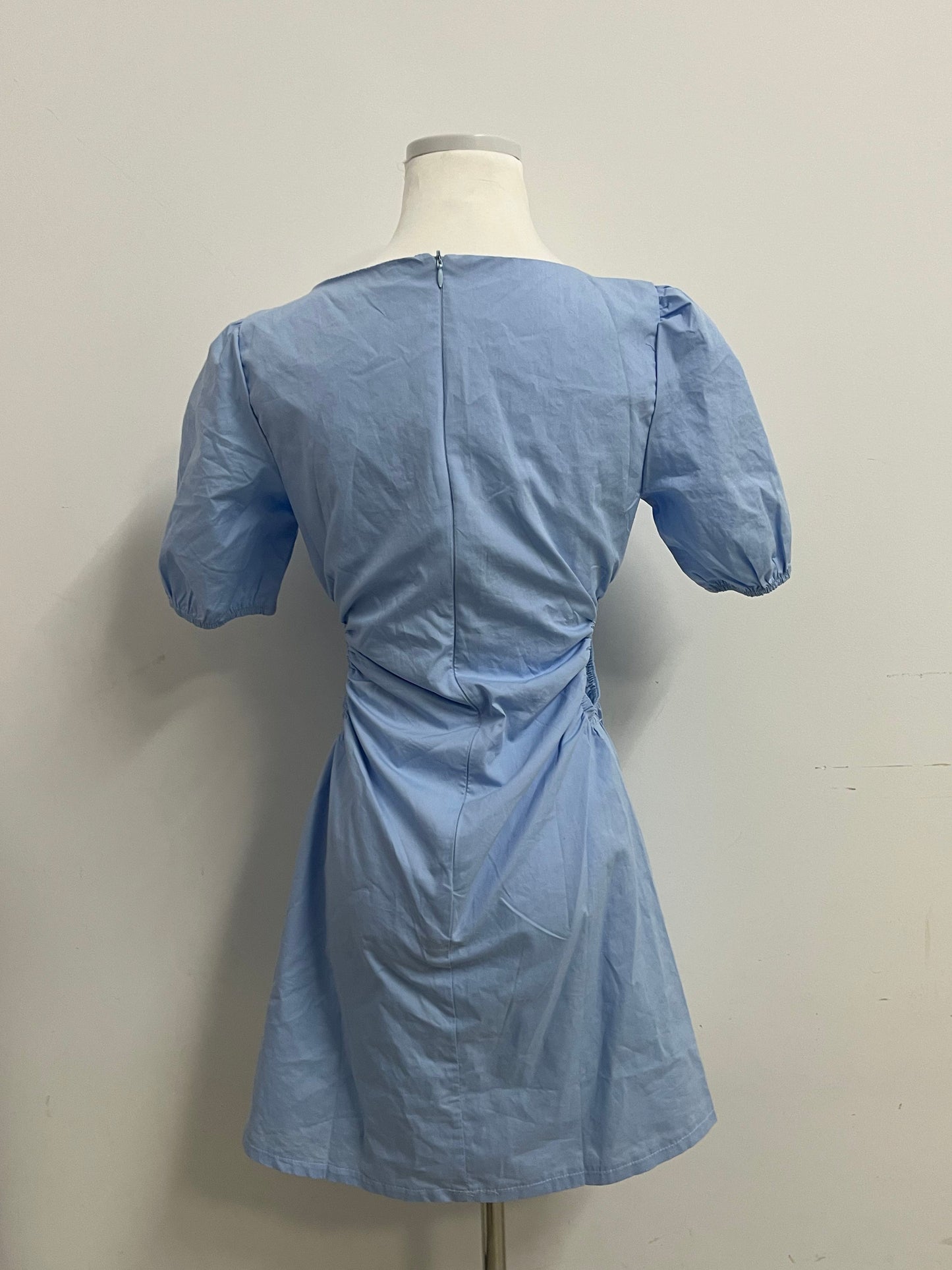Drcould Light Blue Square Neck Puff Sleeve Dress: Breathable & Stylish Waist-Tie Short Dress for Daily & Casual Occasions