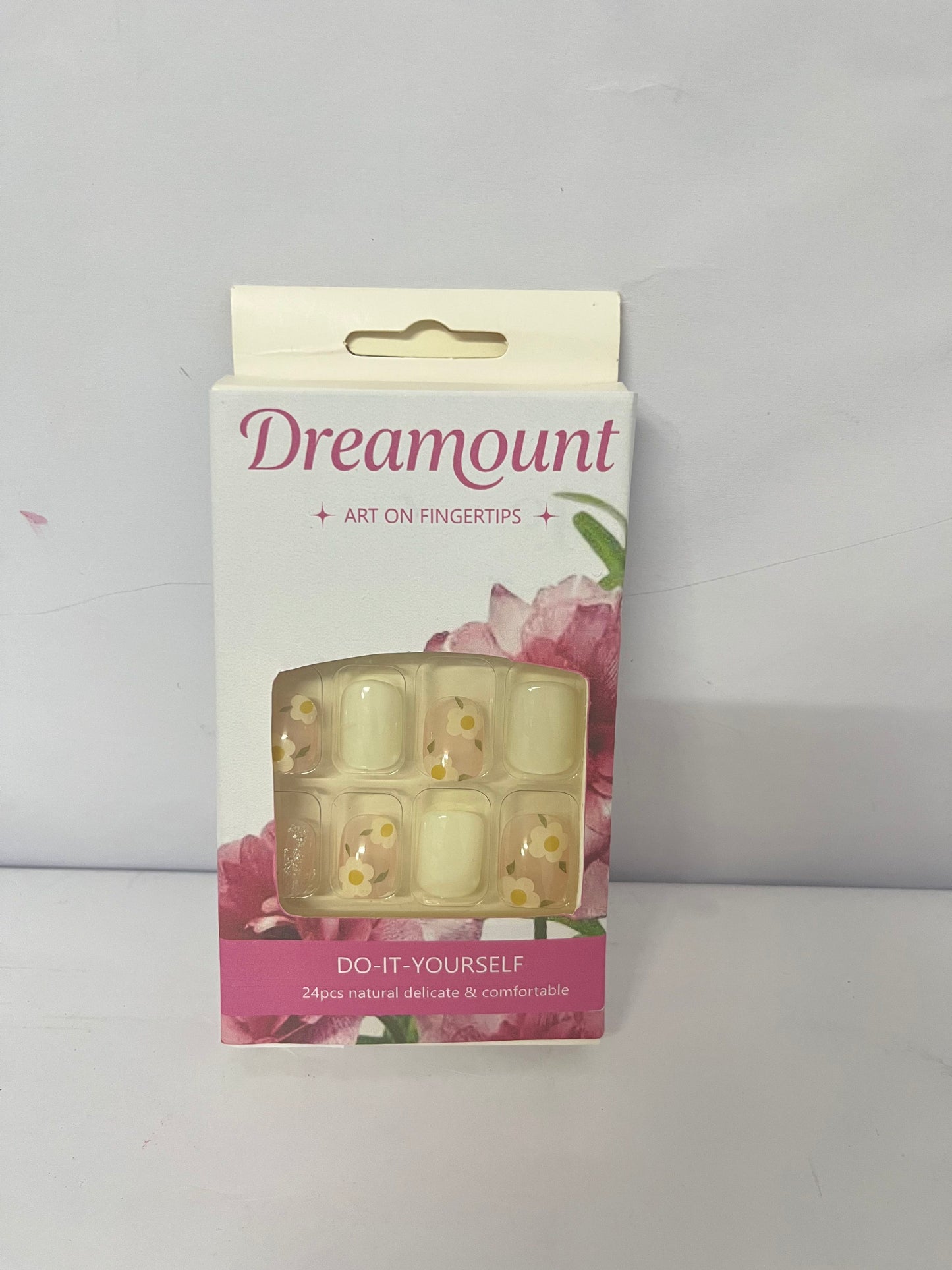 Dreamount Spring Press on Nails Short Square Fake Nails with Flower Glitter Sequins Designs Pink and Cream Color Acrylic Full Covers Spring Glue on Nails Reusable Stick on Nails Short Nails for Women 24PCS
