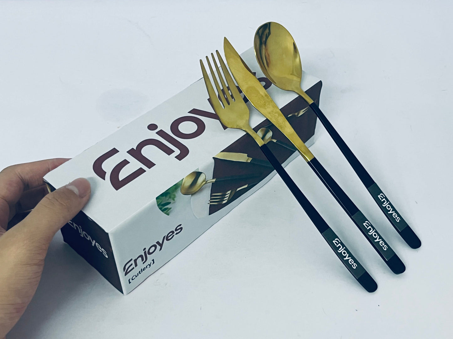 Enjoyes Silverware Set Stainless Steel Reusable Utensils Forks Spoons Knives Set, Mirror Polished Cutlery Flatware Set, Great for Family Gatherings & Daily Use (Black Handle)