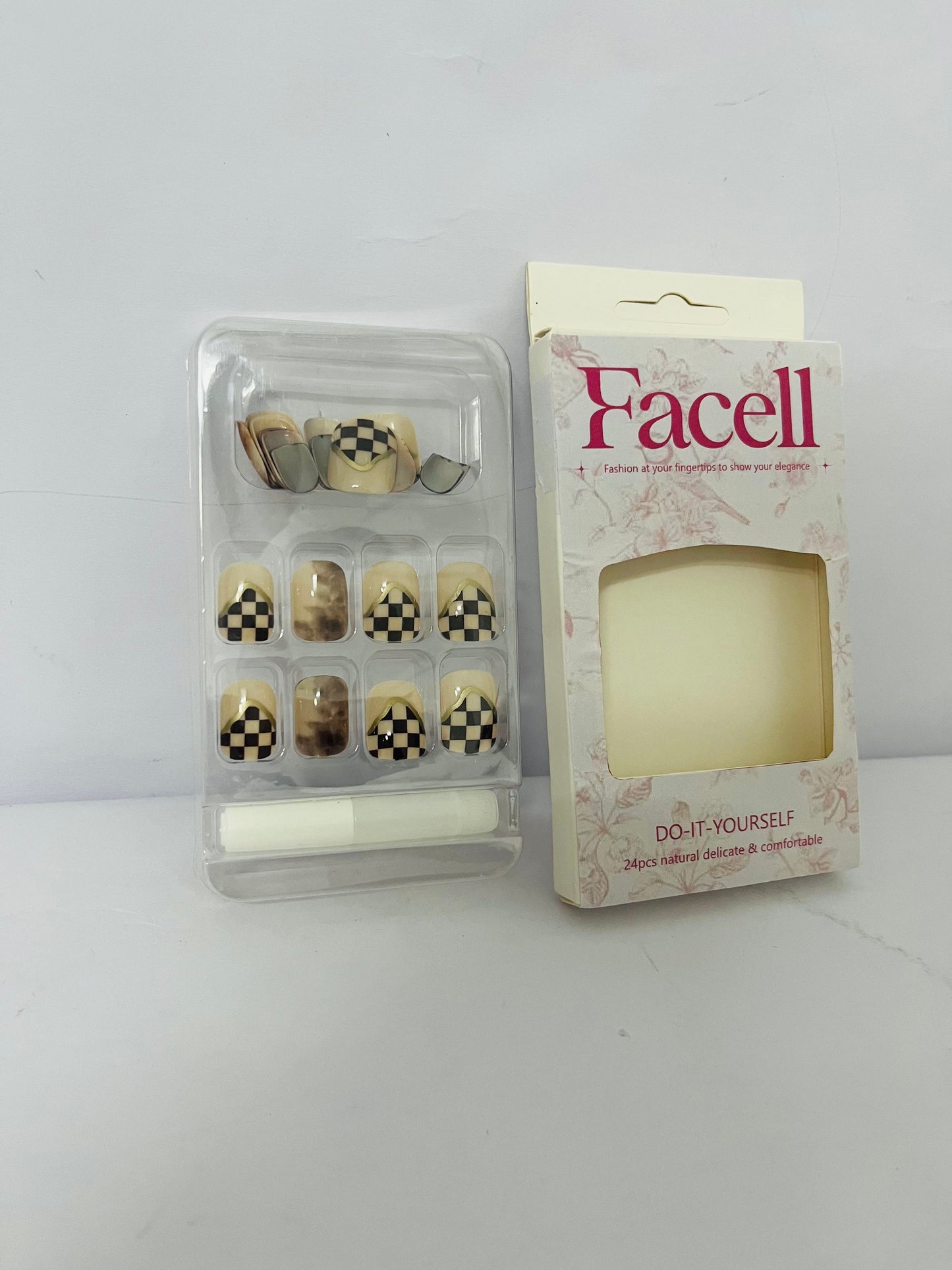 Facell 24Pcs Full Cover Reusable False Nails Kits, Press on Nails Coffin Shape, Stick on Finger Nails with Designs, Glue on Nails Short Square, Artificial Fingernails Acrylic Fake Nails for Women