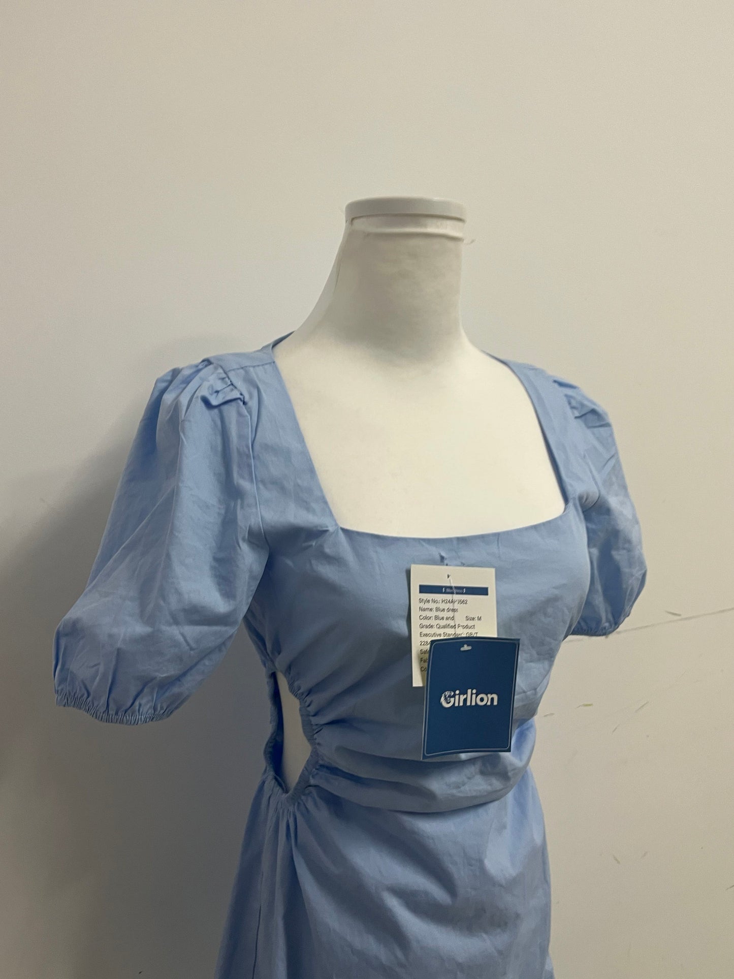 Girlion Blue Square-Neck Ruched Mini Dress - Adjustable Waist Casual-Chic Style