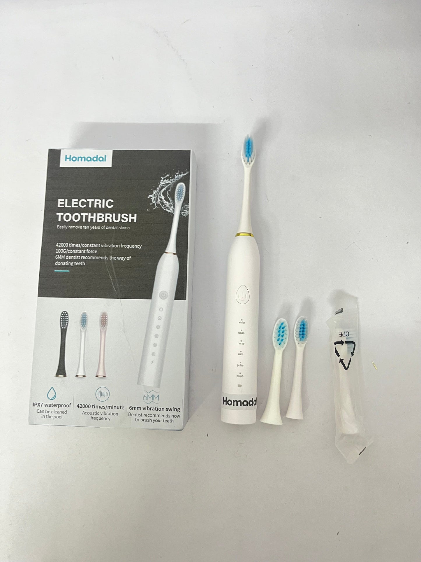 Homadal Electric Toothbrush for Adults, Sonic Toothbrush with 42,000 Vibrations/Min, 5 Cleaning Modes, IPX7 Waterproof, 3 Replacement Heads Included (Multi-Color Optional)
