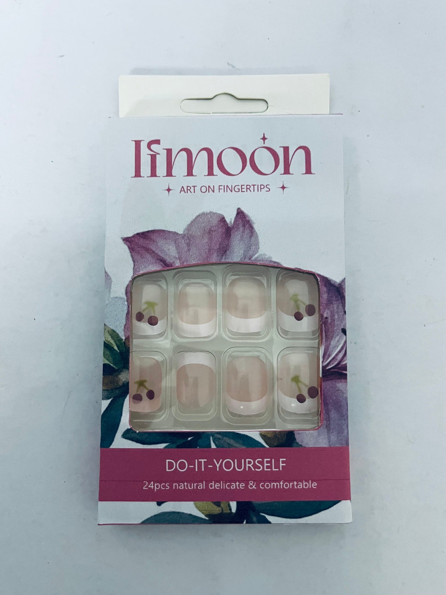 Ifmoon Cherry French False Nails 24pcs, Natural Delicate DIY Nail Art, Comfortable Wearable Nail Tips