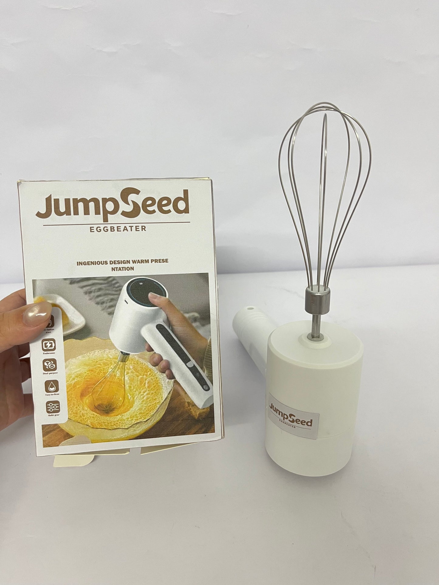 JumpSeed Cordless Hand Mixer, Handheld Electric Whisk with 3 Speed Modes, Hand Held Egg Beater with 2 Detachable Stir Whisks