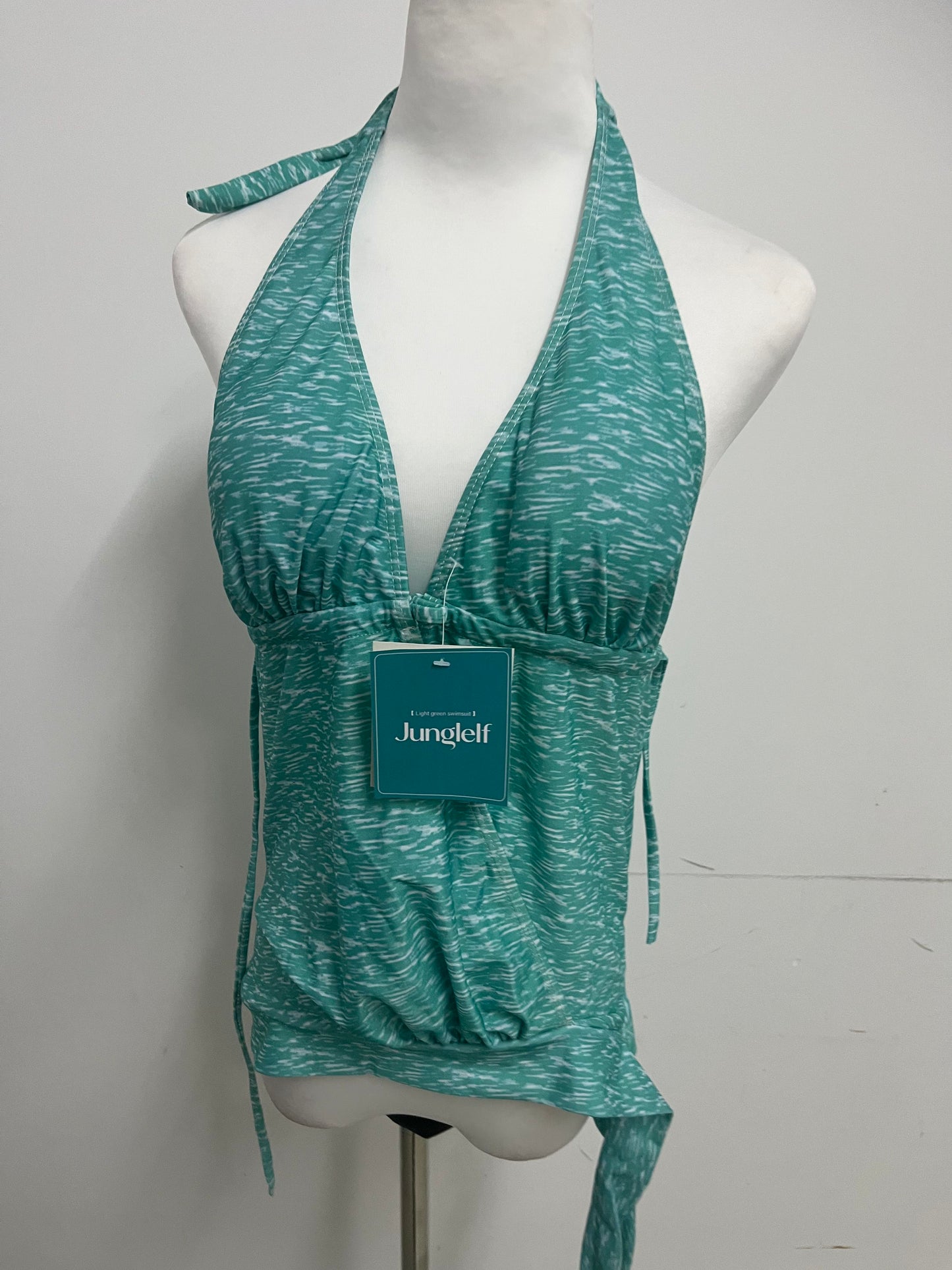 Junglelf Light Green Textured Halter Deep V 100% Cotton Swimsuit for Women, Sexy Open Back with Ties Fashion Swimwear