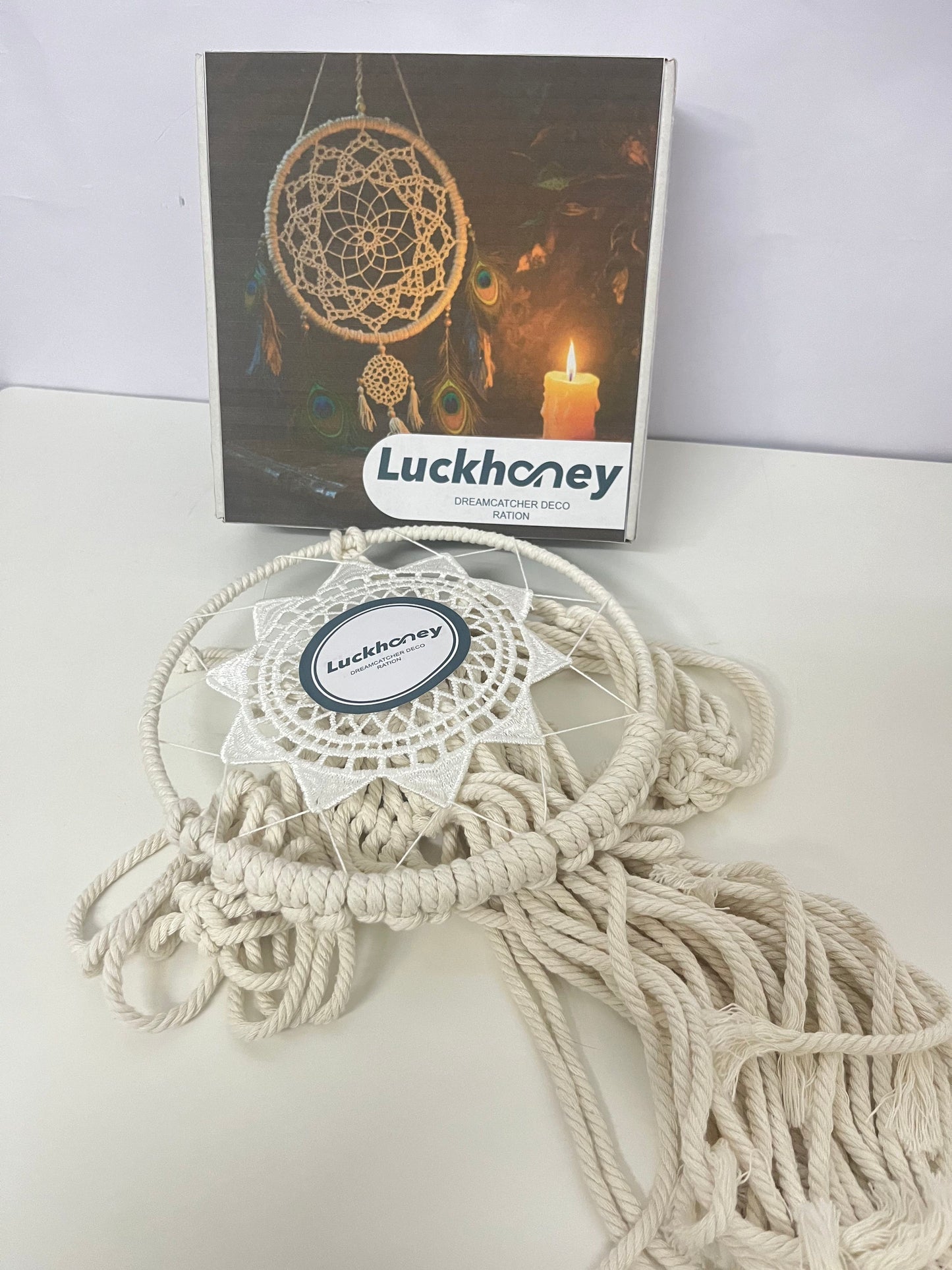 【Luckhoney Bohemian Beige Rope & Lace Dream Catcher】—— Artistic Wall/Window Decor for Cozy Home & Nursery Ambiance