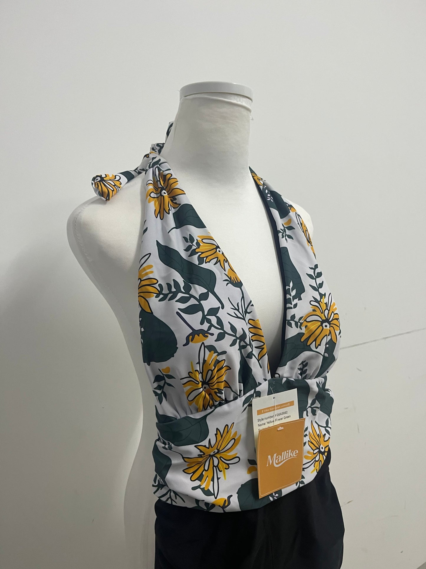 Mallike Yellow Flower Print Swimsuit - Adjustable Halter Wrap-Front Design