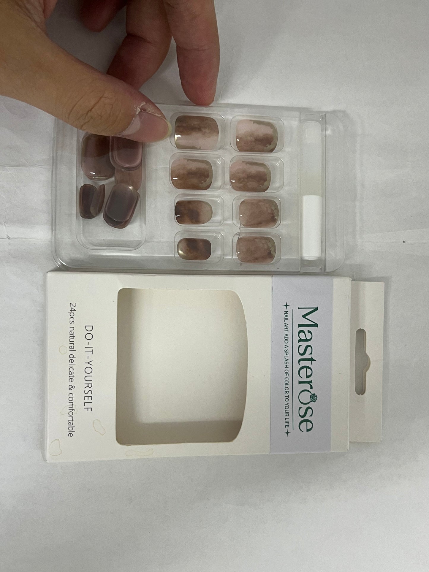 Masterose Almond Press on Nails Medium Almond Fake Nails Marble False Nails with Brown Marble Designs Nude Glue on Nails Heart Stick on Nails Cute Acrylic Nails Full Cover Glossy Artificial Nails