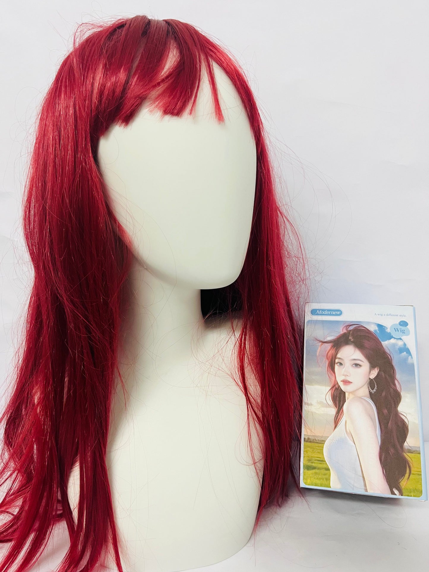 Modernew Red Wig with Bangs for Women Long Straight Red Wig Heat Resistant Synthetic Wig for Girls Daily Use Party Halloween Cosplay Wig 24inch