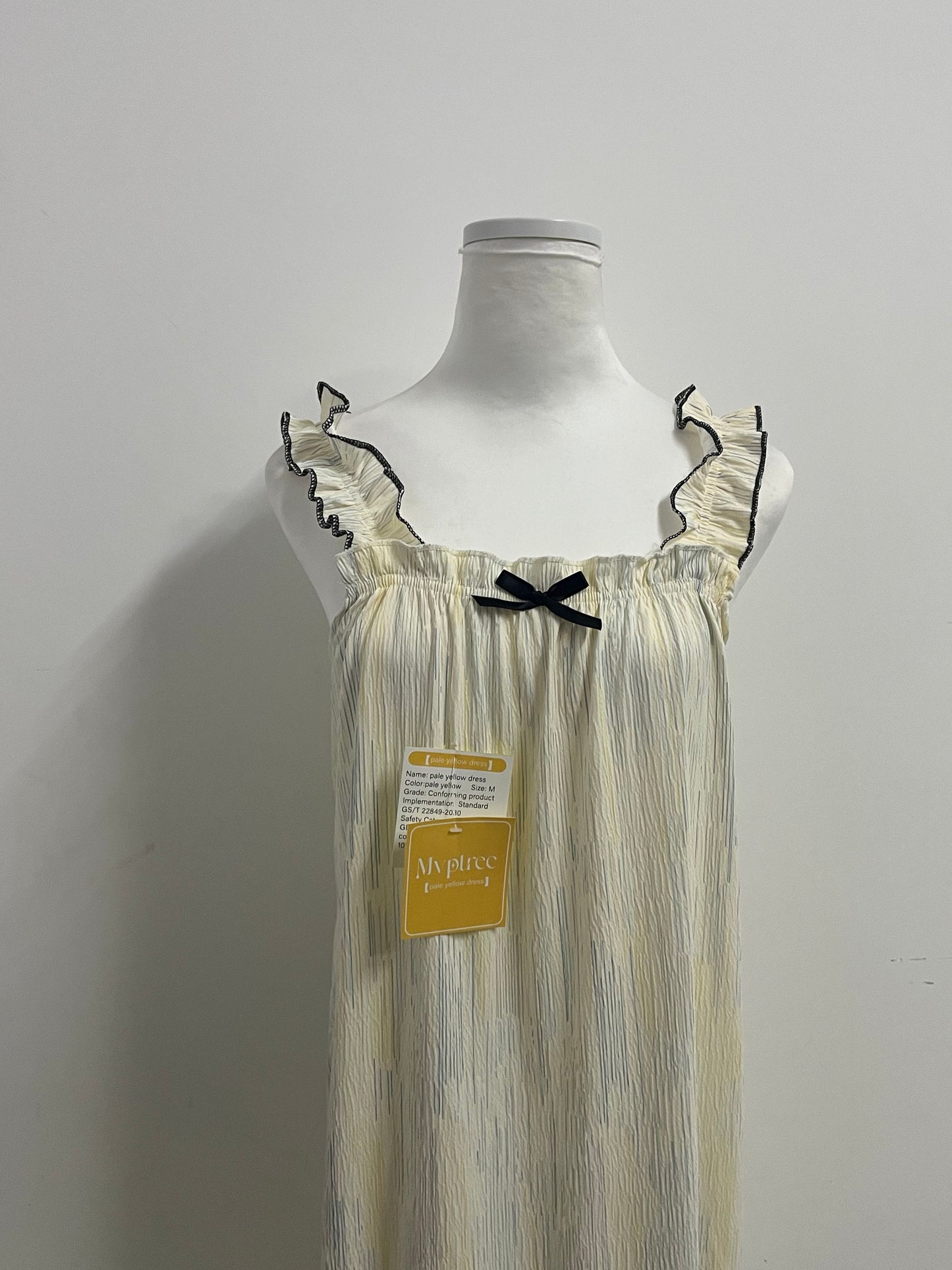 Mvptree Sleepwear - Pale Yellow Striped Nightdress with Black-Trim Ruffles for Feminine Lounge Comfort