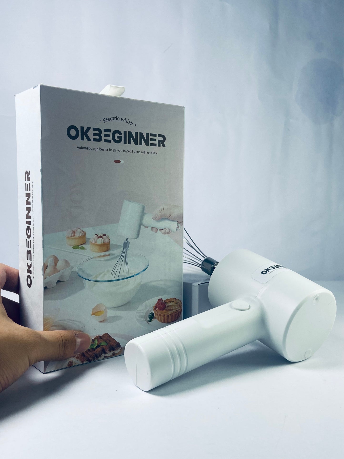 OKBEGINNER Electric egg beaters Cordless Hand Mixer, Handheld Electric Whisk with 3 Speed Modes, Hand Held Egg Beater with 2 Detachable Stir Whisks (White)