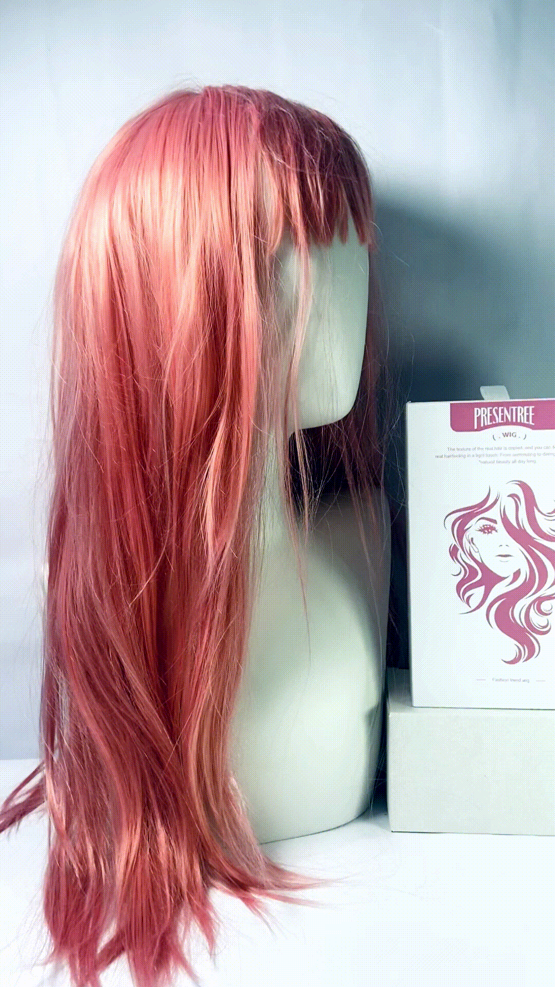 PRESENTREE Pink Wig with Bangs for Women Long Pink straight Wigs 26 Inch Natural Looking Heat Resistant Synthetic Wig for Daily Party Use