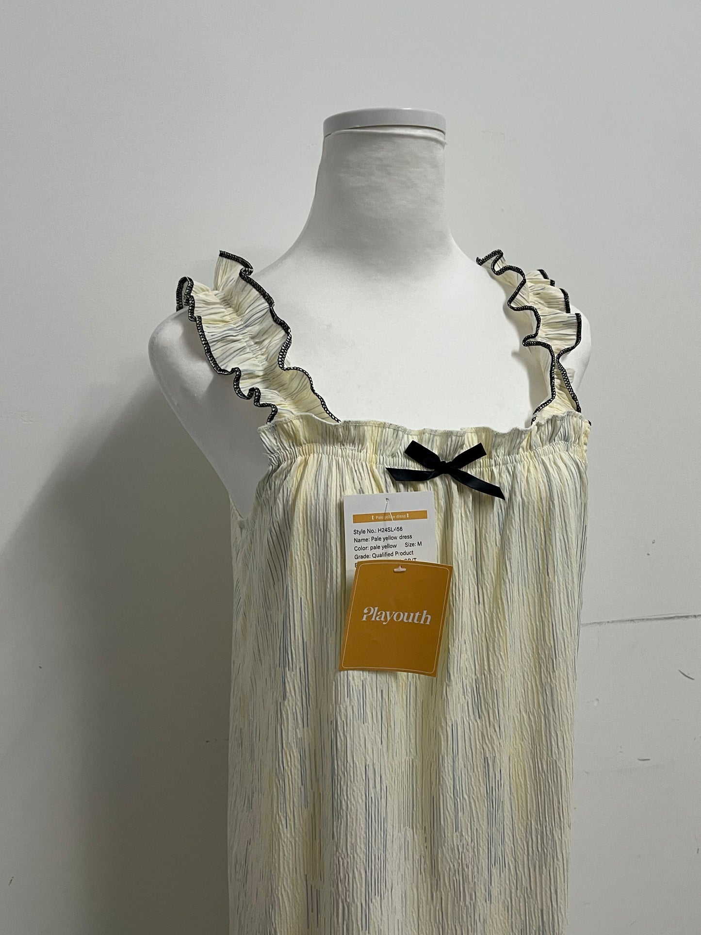Playouth Pale Yellow Sleepwear - Ruffled Strap Nightgown with Striped Texture & Bow