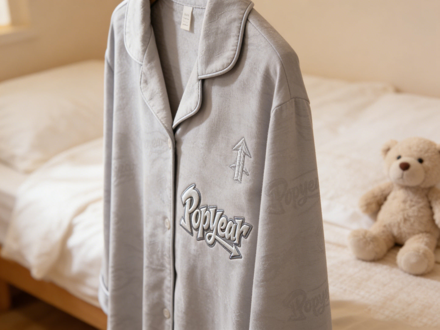 Popyear Light Gray Lapel Sleepwear Top, Soft Breathable Loungewear with Embroidery & Embossed Design, Casual Wearable Outside Single Piece Pajama Top