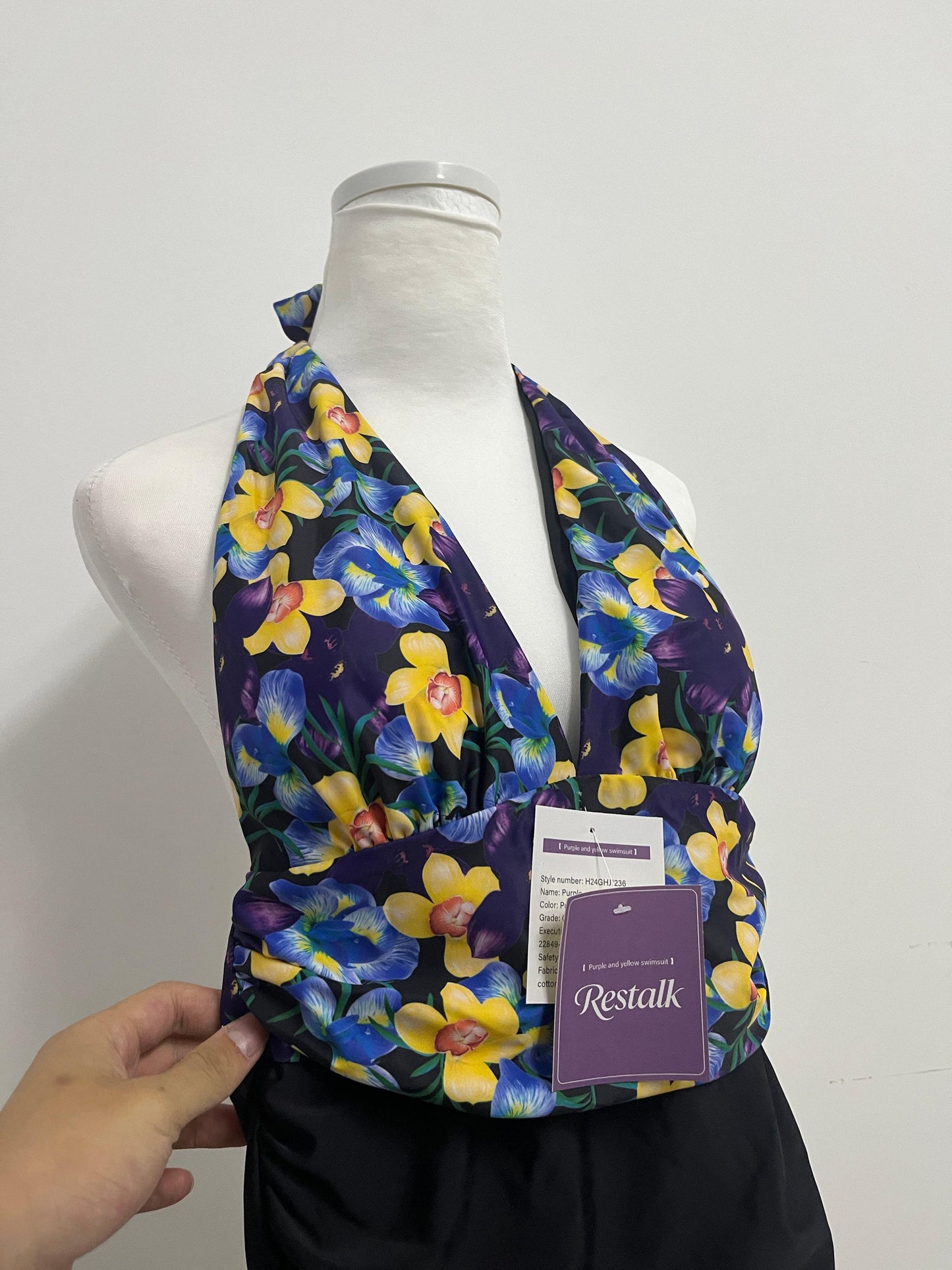 Restalk Swimsuits Purple & Yellow Floral Halter Swim Top - Dual Experience of Beach Fashion and Comfort
