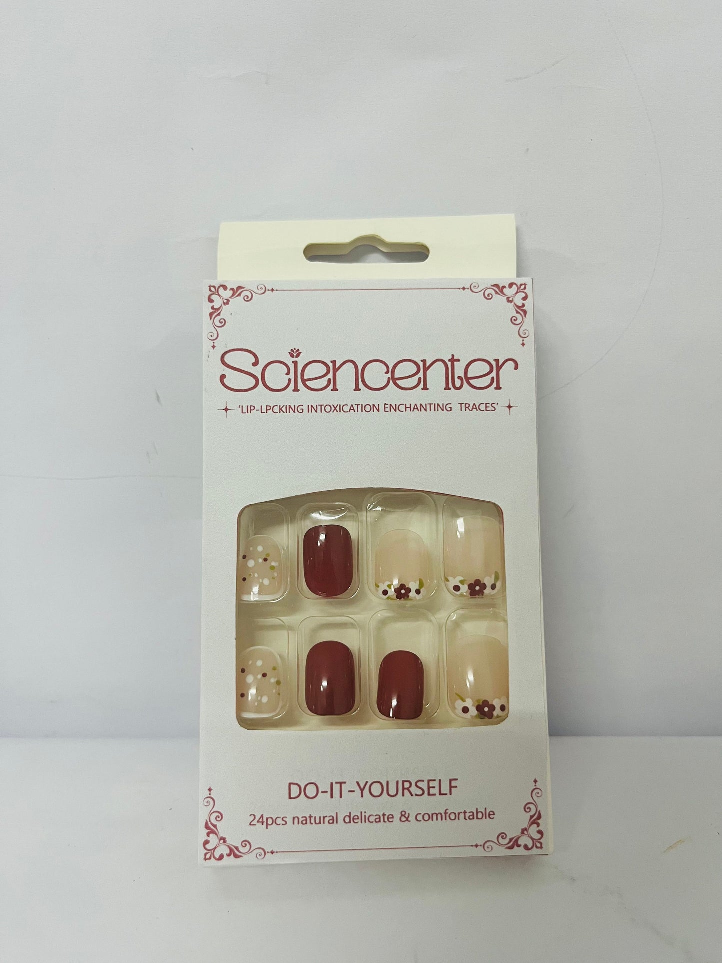 Sciencenter False nails 24Pcs Fall Press on Nails Short, Square Fake Nails Wine Red Stick on Nails with Rose Flower Designs False Nails Autumn Acrylic Nails Glossy Glue on Nails for Women and Girls Fall Manicure Accessories