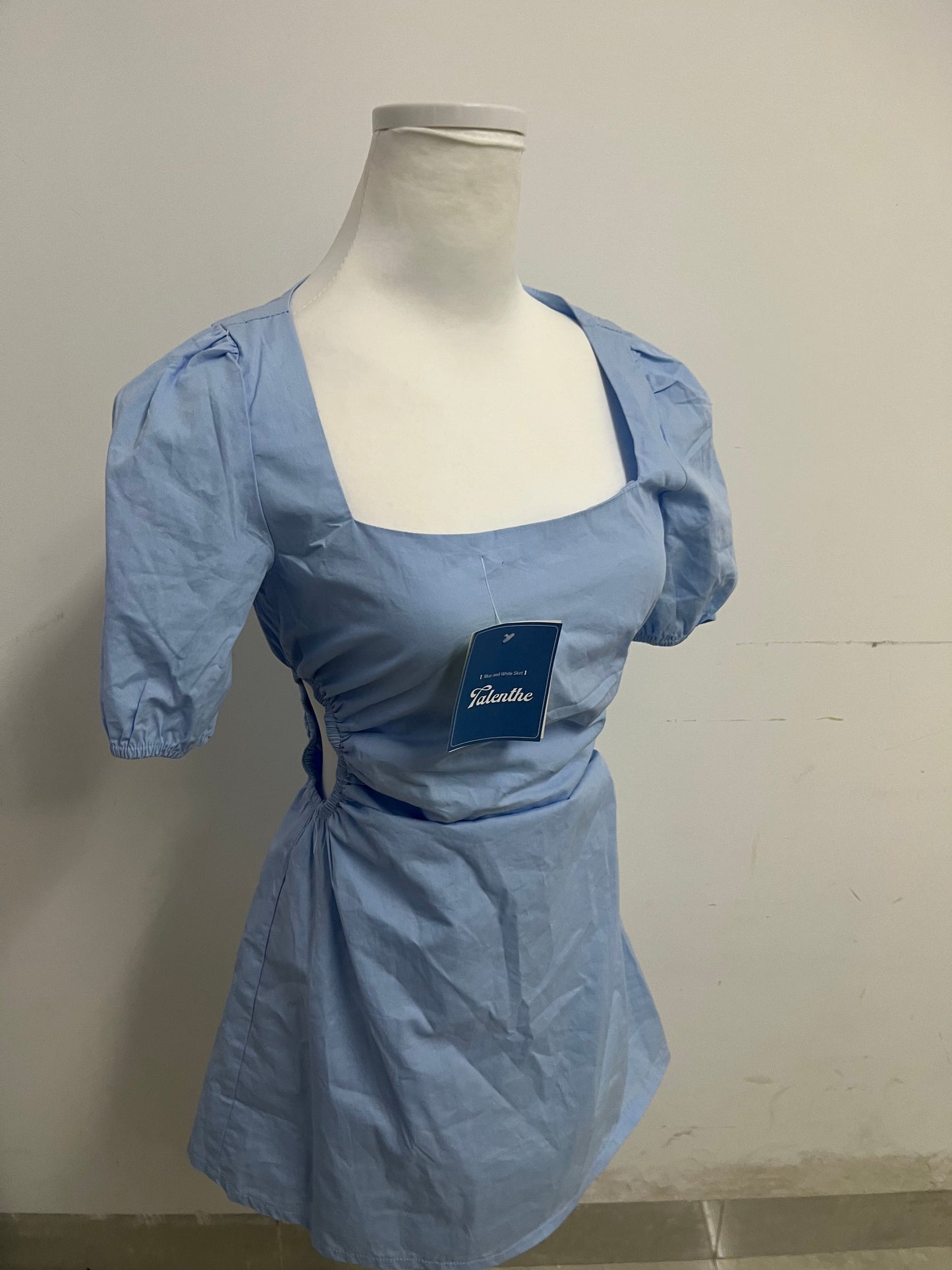 Talenthe Dresses Blue Square Neck Puff Sleeve Dress French Retro Slimming & Flattering Eye-Catching Item for Multi-Scene Outfits