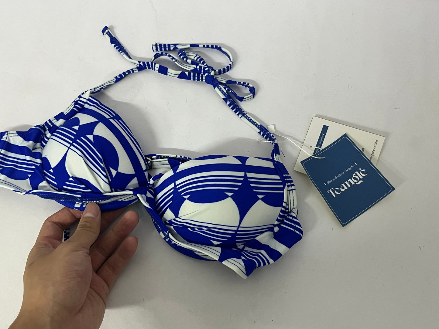 Teangle Bras Blue and White Geometric Pattern Bikini Top - A Stylish Choice for Summer Beach