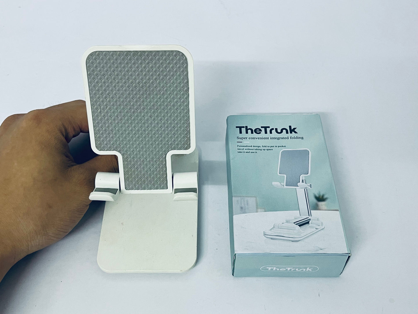 TheTrunk Cell Phone Stand, Angle Height Adjustable Cell Phone Holder with Silicon Pad for Desk Fully Forldable Mobile Phone Holder Compatible with All Mobile Phones (White)