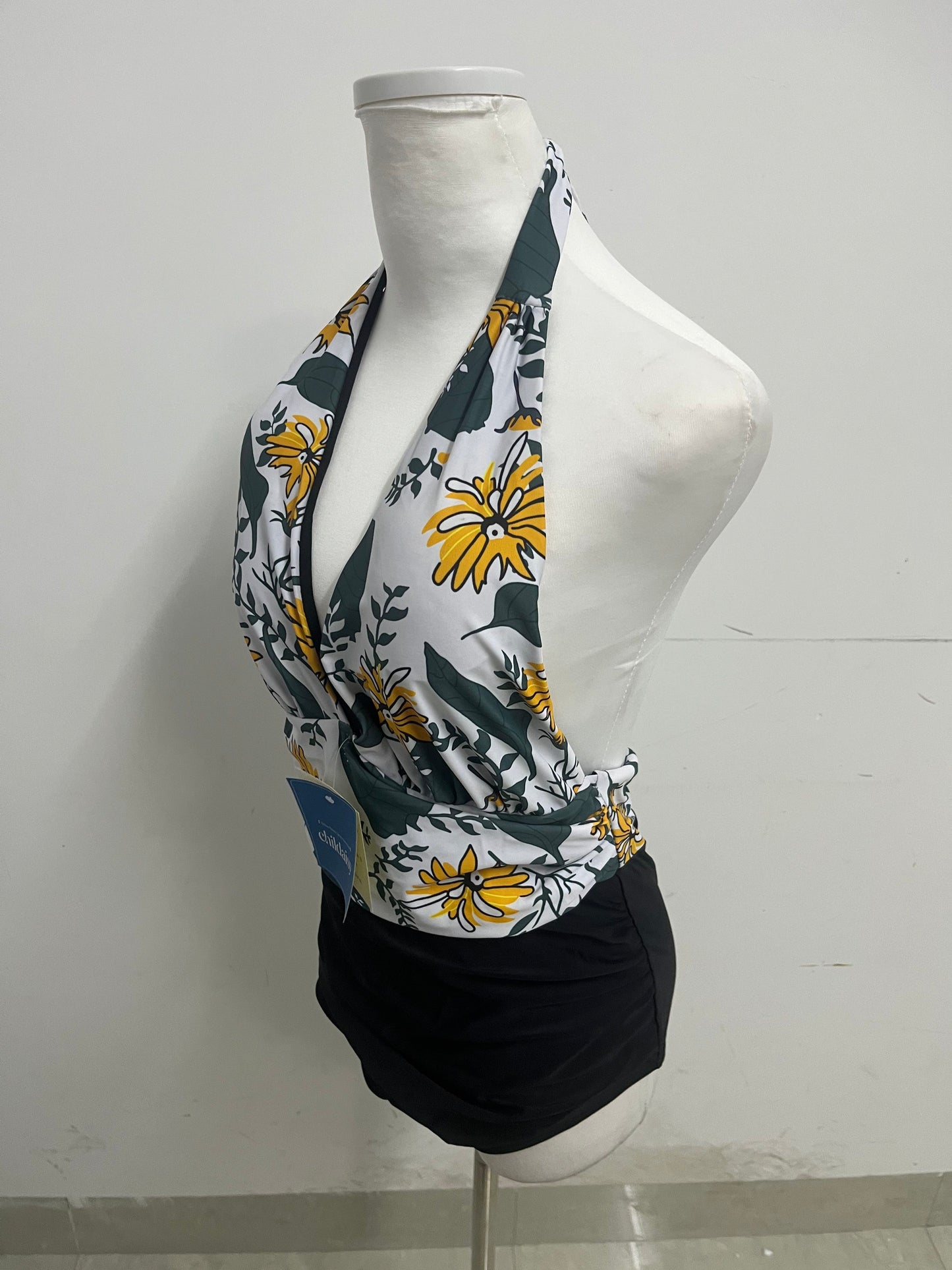childaisy Yellow Floral & Green Vine Halter One-Piece Swimsuit - Stylish, Slimming & High-Quality Swimwear for Vacation