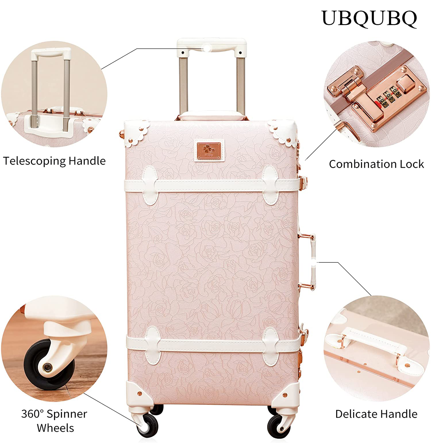 UBQUBQ Travelling trunks Designer Vintage Trunk Combination Luggage Sets of 2 Piece, Hard Shell Retro Travel Suitcase with Wheels (Rose White, 20"+12")