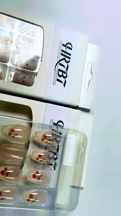 HRTBT 24Pcs Tips Press on Nails with Cherry and Cat Design for Women