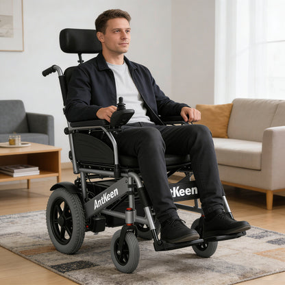 AntKeen Foldable Electric Wheelchair for Adults, Lightweight Power Wheelchair with Headrest, All Terrain Motorized Wheelchair for Seniors and Disabled, Portable Medical Mobility Aid