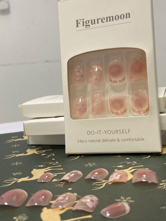 Figuremoon Spring Flower Press on Nails Gradient Medium False Nails 24 Pcs Glossy Pink Plum Blossom Acrylic Fake Nails Gel Glue on Nails Stick on Nails for Coquette Women Girls