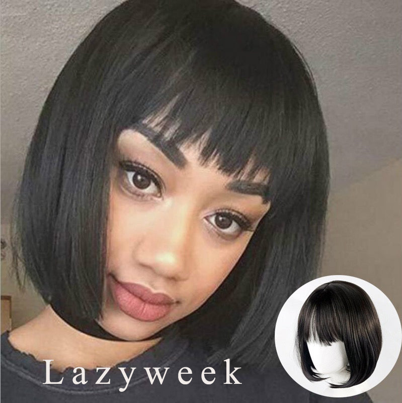 Lazyweek Wigs Synthetic Straight Short Bob Wig with Bangs for Women, Black, Cosplay Costume Daily Party Use