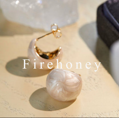 Firehoney Earrings French Haute Couture Minimalist Versatile Niche Design Light Luxury Temperament Spherical Drip Glaze c-Shape Stud Earrings Earrings - Milky White
