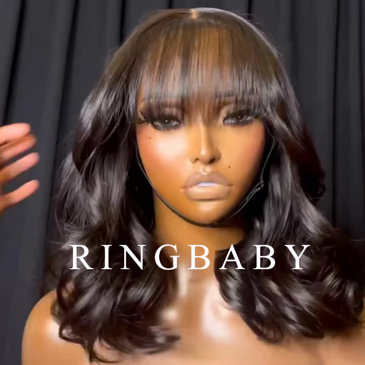 RINGBABY Wigs,Flat bangs wigs are suitable for women's medium and long curly hair styling,with full hood,natural and fashionable style
