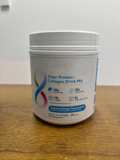 Collagen Clear Protein Powder with Electrolytes & Hyaluronic Acid, Tropical Mango Passionfruit Flavor, 21.2oz (600g) -Dietary and nutritional supplements