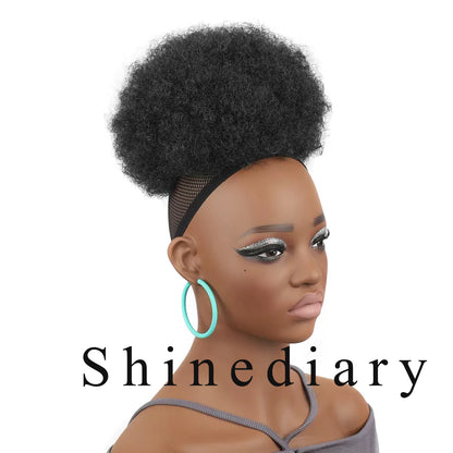 Shinediary Wigs Afro Puff Drawstring Ponytail For Black Women, 8 Inch Nature High Puff HairStyle With Clip Black Curly Afro Messy Hair Bun Synthetic Updo Hair for Women,Girls(1B)