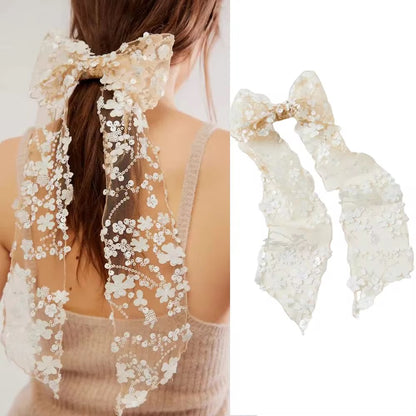 NOTHINGMOON Hair bows,Handmade Lace Bow Barrette Headpiece Shining Sequin Floral Embroidered Bow Hair Clip