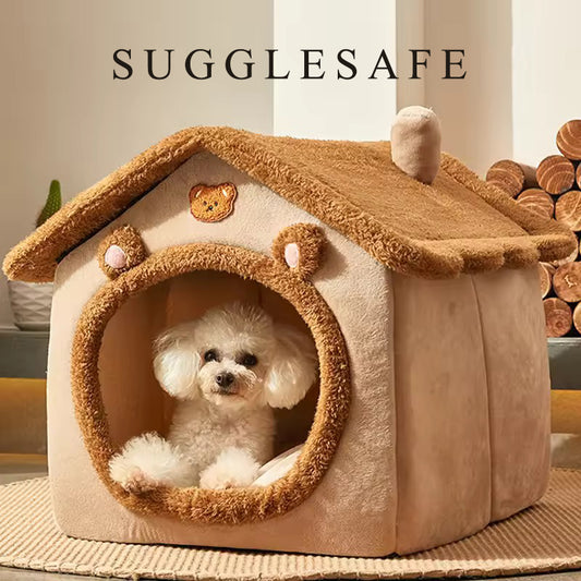 SUGGLESAFE beds for household pets Dog House Dog Bed with Cover Cave with Non-Slip Bottom, M Size Tent Bed Up to 15 lbs Cat and Puppy, Brown
