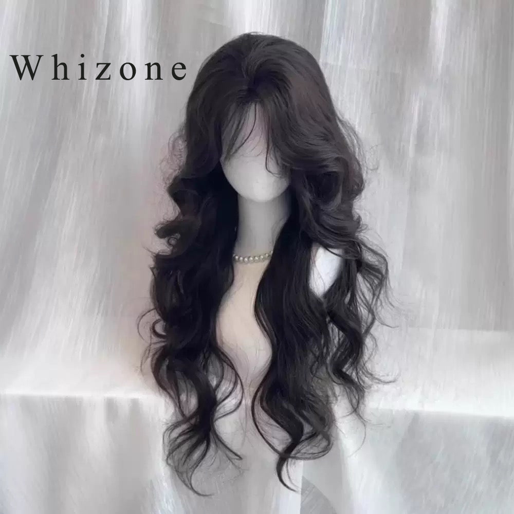 Whizone Wigs Long Wavy Curly Synthetic fiber Side Bangs Anime Fashion Party Hair Wig (Black)