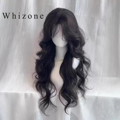 Whizone Wigs Long Wavy Curly Synthetic fiber Side Bangs Anime Fashion Party Hair Wig (Black)