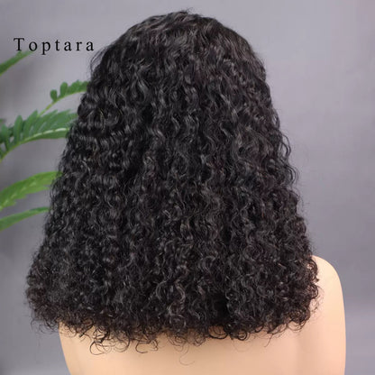 Toptara Wigs Glue free Precut 4x4 Lace Front wig Female Hair Glue free 180% Density Water Bob Wig Human Hair Beginner Curl Front Wig Black