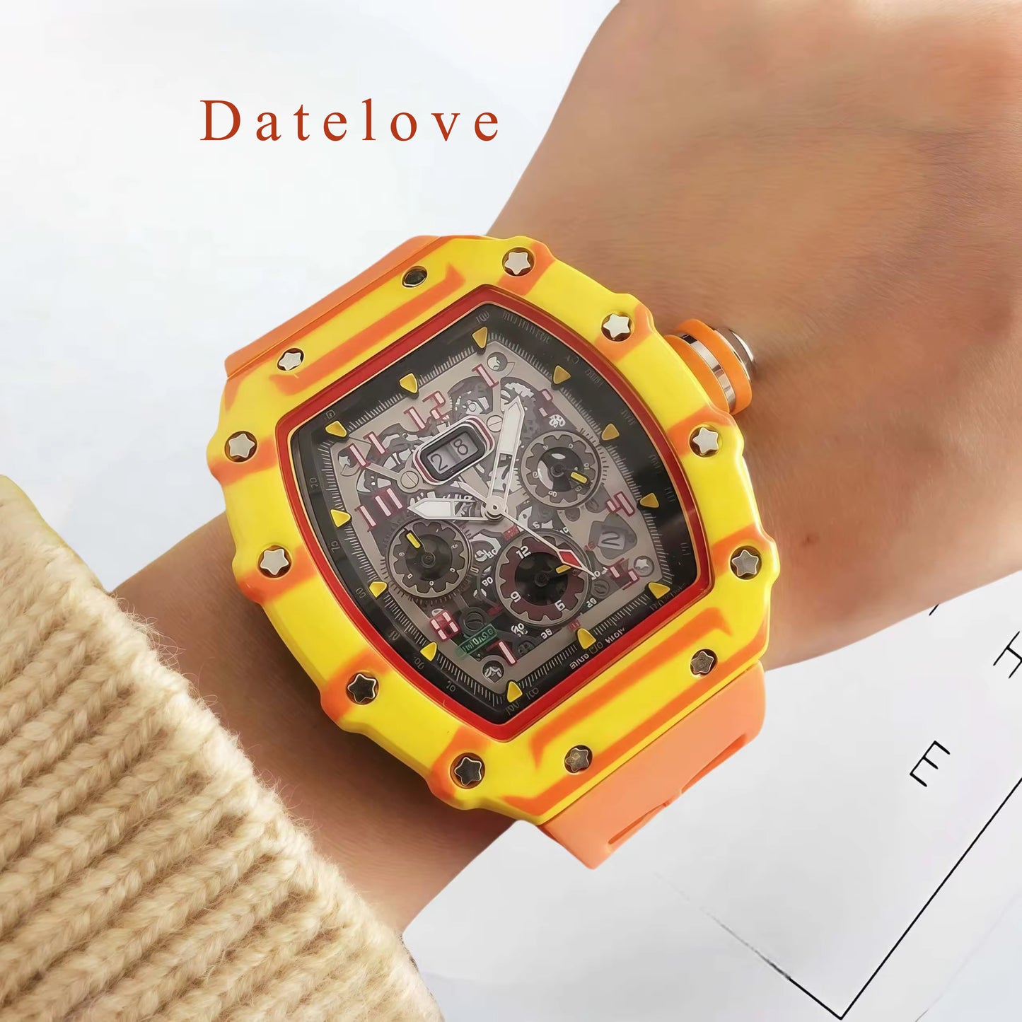 Datelove Wristwatches Luxury Tonneau Square Watches Analog Punk Chronograph Unique Sports Wrist Watch Movement Luminous Design with Rubber Band