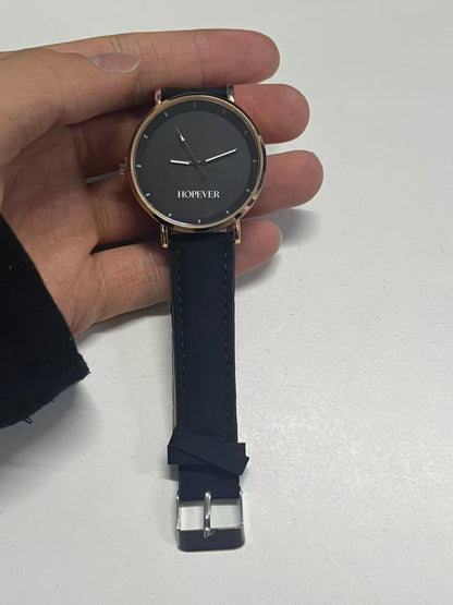 HOPEVER Minimalist Ultra-Thin Watch, Black Dial with Rose Gold Bezel, Comfortable Leather Strap, Unisex Quartz Wristwatch